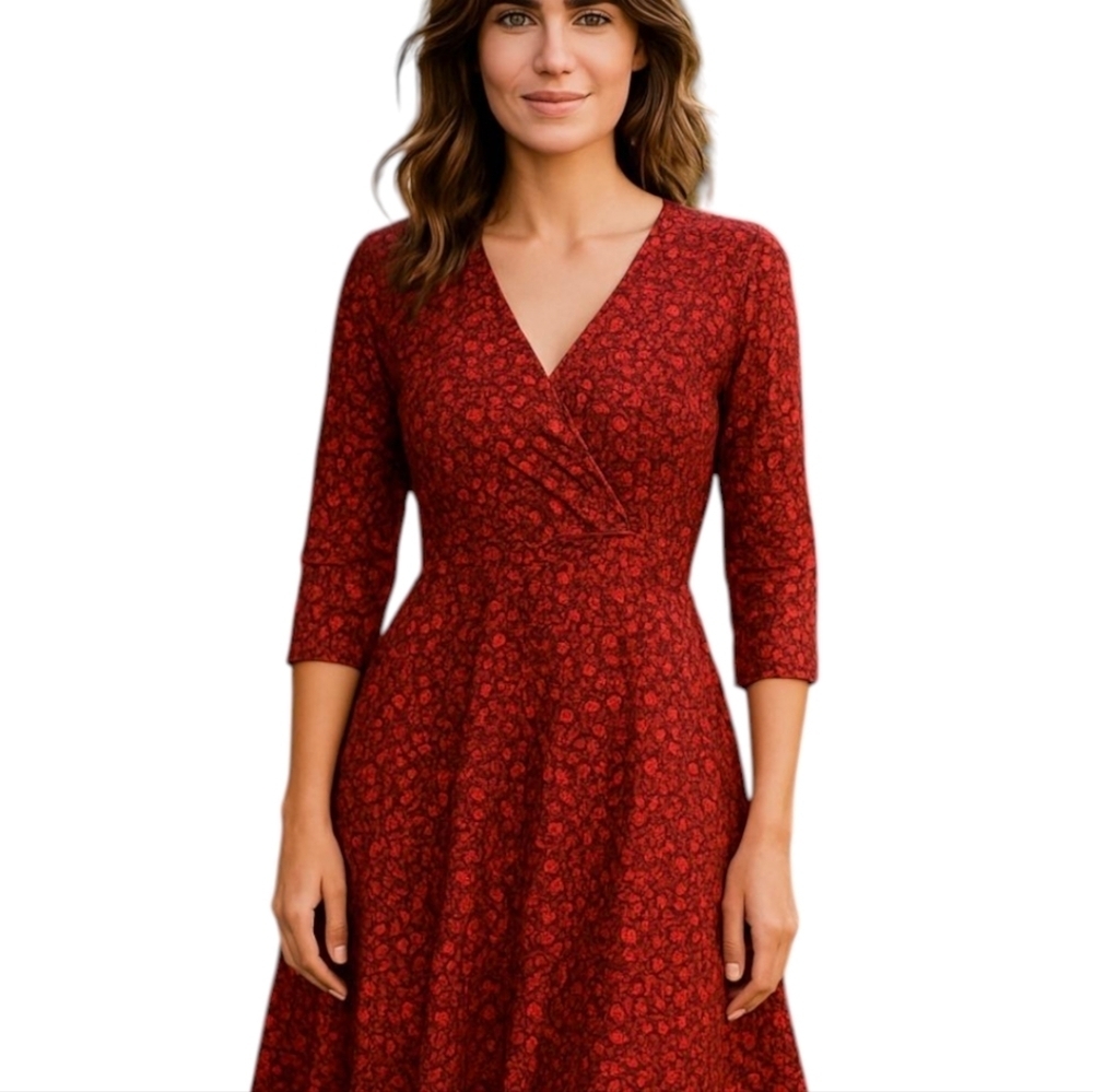 Lands' End Red Dress Moroccan Demure A-Line V-Neck 3/4 Sleeve Cross Over Sz L - Picture 12 of 12
